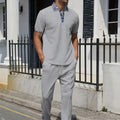 2025 new men's summer trend two-piece waffle collar short sleeve pants Business casual loose short sleeve + pants suit