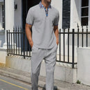 2025 new men's summer trend two-piece waffle collar short sleeve pants Business casual loose short sleeve + pants suit