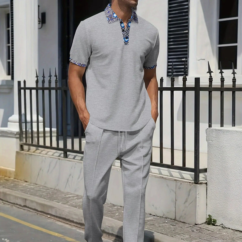 2025 new men's summer trend two-piece waffle collar short sleeve pants Business casual loose short sleeve + pants suit