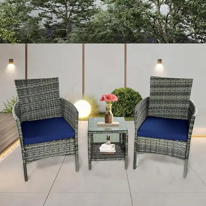 3-piece Outdoor Small Bar Set, Terrace Furniture Chairs, Black Wicker Porch Furniture with Glass Coffee Table