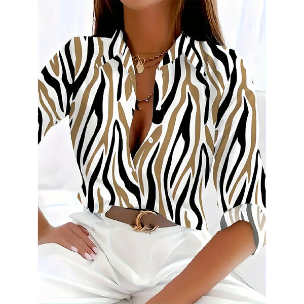 Women's Fashionable New Long-Sleeved Shirt 3d Stripe Print Single-Breasted Shirt Tops Autumn Comfortable Button Shirts Plus Size