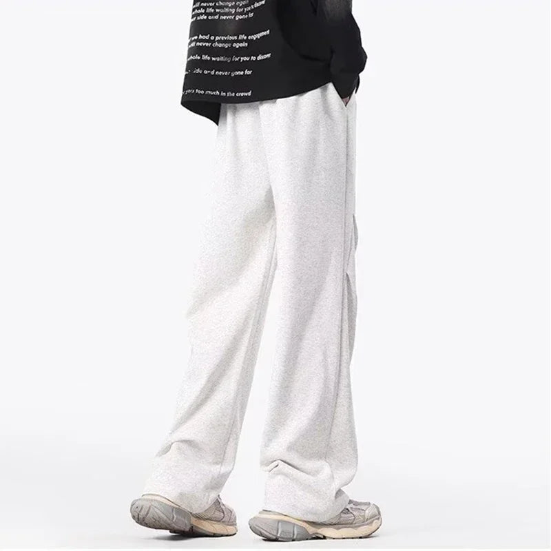 New Korean Fashion Pleated Wide-leg Sweatpants For Men Hip Hop Solid Color Baggy Pants Y2K Streetwear Gray Straight Trousers