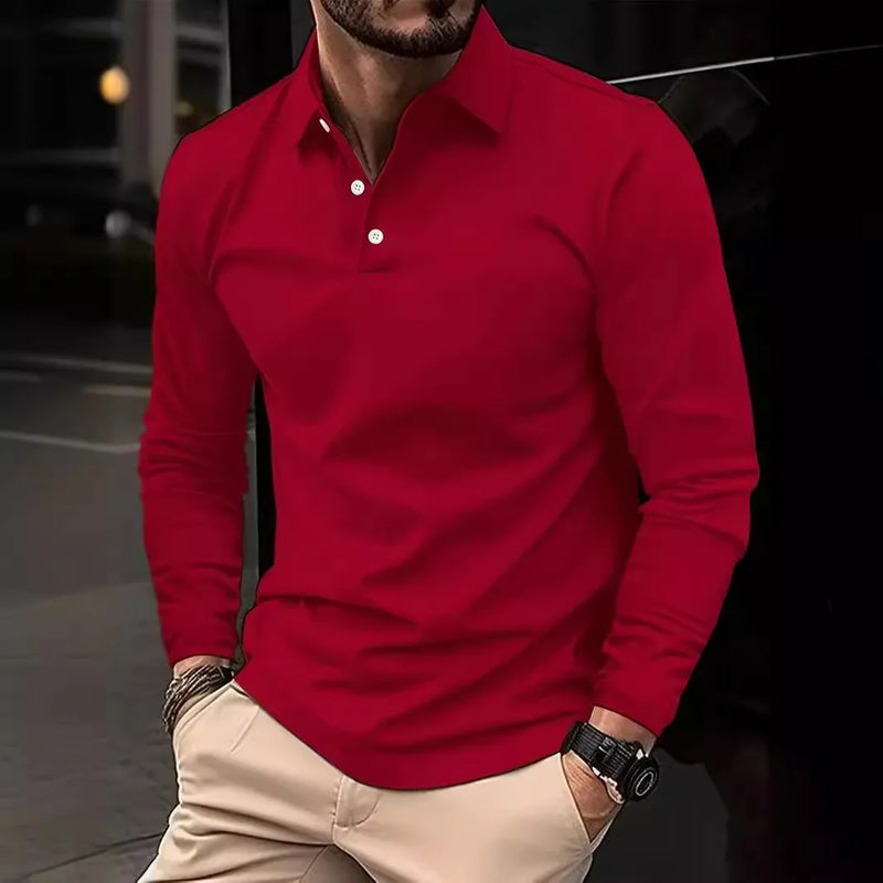 Classic men's simple solid color lapel POLO shirts Spring autumn business leisure outdoor travel friends party long sleeve tops