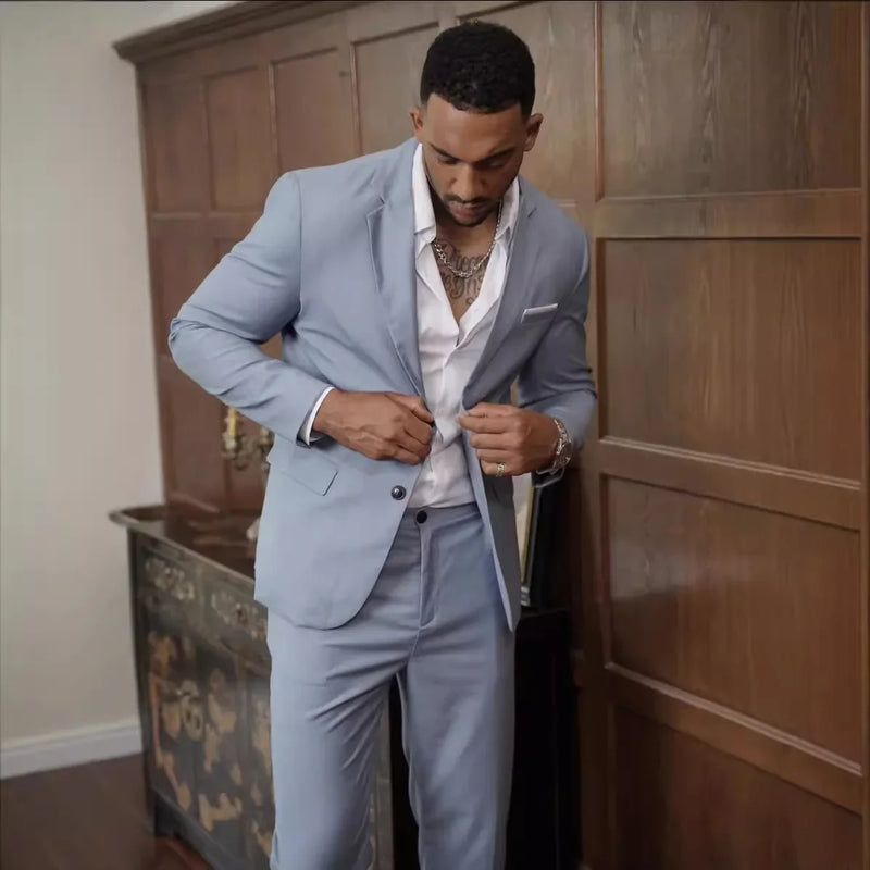 Light Gray Men's Suit Two Piece, Double Button V-Neck Jacket and Trousers, Fashionable Men's Sets, S, M, L, XL, XXL