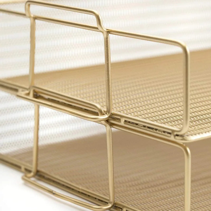 Gold File Desk Organizer - 2-Tier Paper Tray - Document and Letter - Elegant Inbox Office Acce