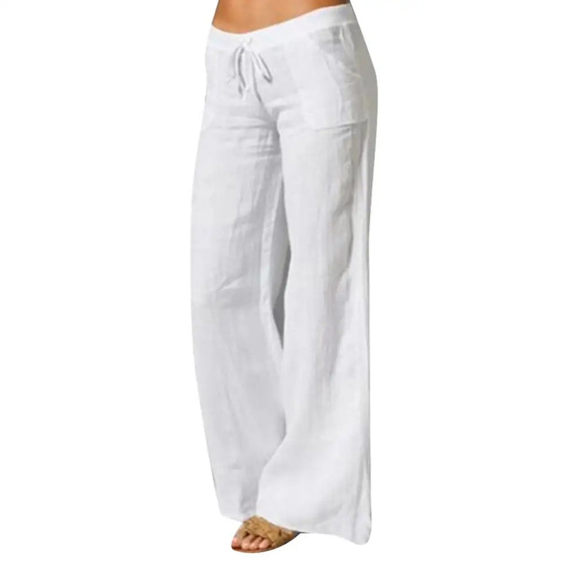 Women Pants Solid Color Pockets Drawstring Elastic Wide Leg Pants Long Yoga Trousers