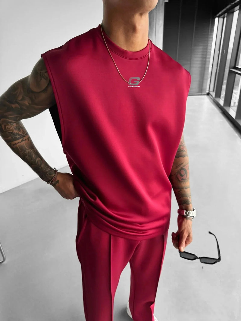 2025 Men's casual sleeveless crewneck suit, summer fashion all-match wide-leg pants trend sports street T-shirt two-piece set