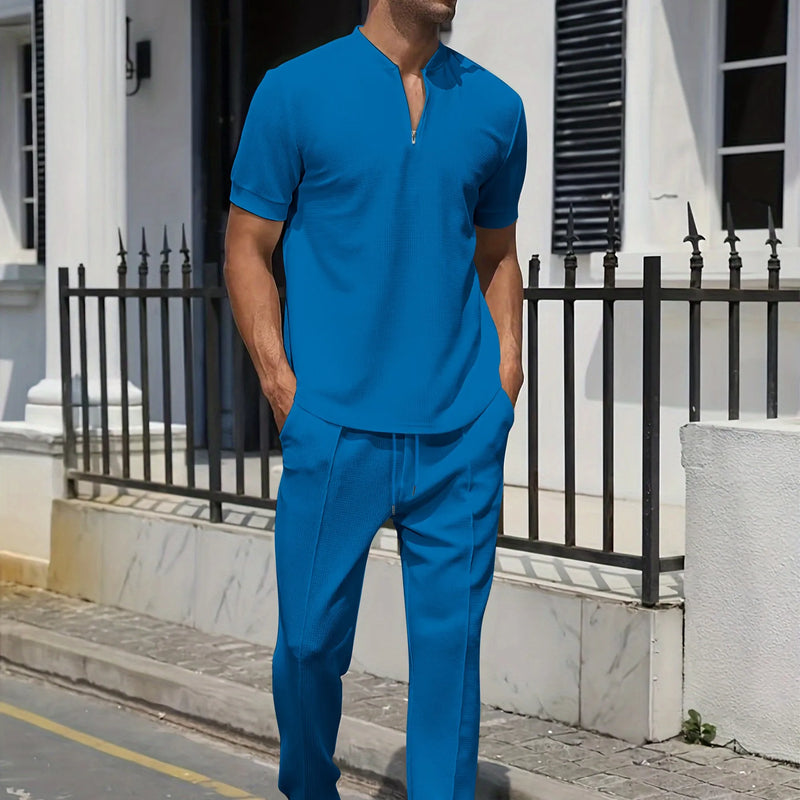 2024 Cross-border AliExpress men's Waffle Men casual fashion stand collar short sleeve pants suit