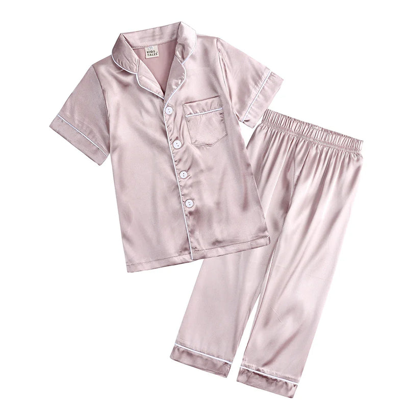 2Pcs Red Satin Pyjamas Kids Sets Boys Girls Solid Silk Children's Pajamas Clothes Toddler Lounge Pjs 2-12T Baby Clothing