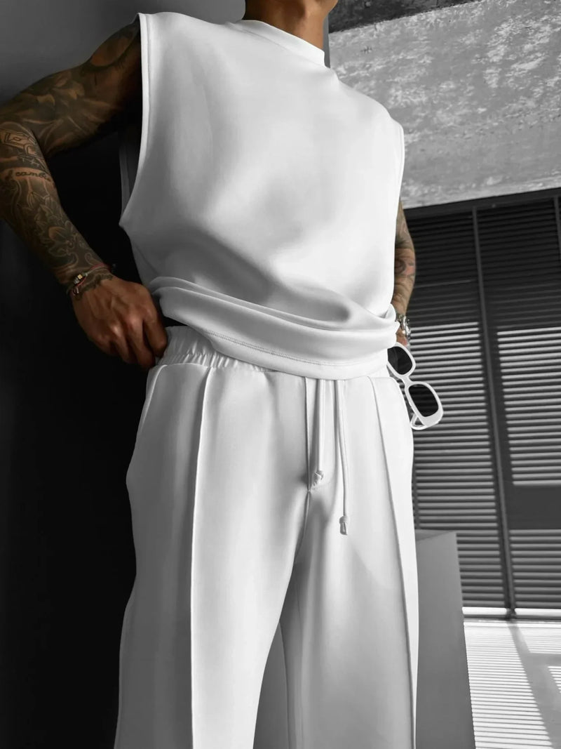 2025 Men's casual sleeveless crewneck suit, summer fashion all-match wide-leg pants trend sports street T-shirt two-piece set