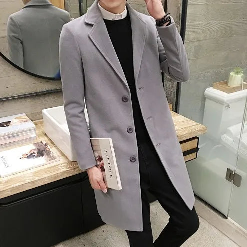 2023 Autumn/Winter New Solid Color Men's Mid length Woolen Coat Slim Fit Large Single breasted Windbreaker