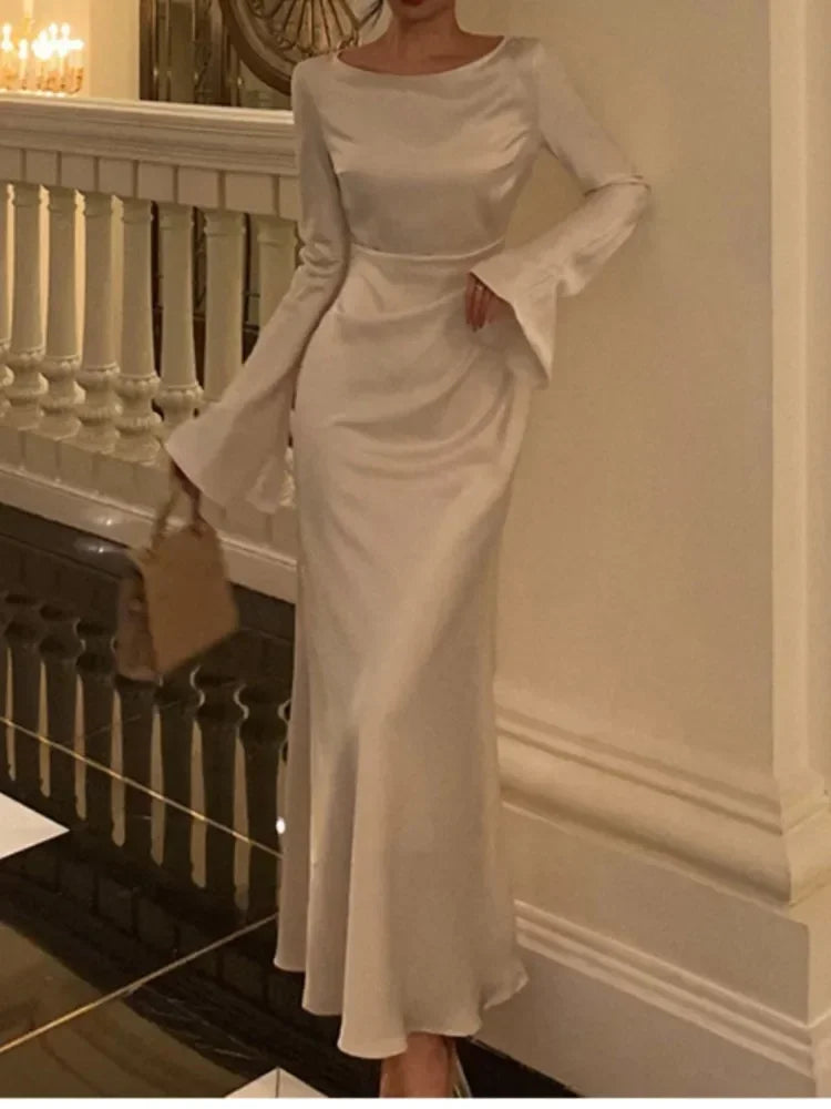 New Autumn Elegant Solid  Dress Women Flare Sleeve Slim Mermaid Spring New French Vintage Wedding Party 2024