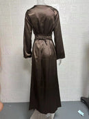 Fashionable new round neck long sleeved lace up solid color elegant waist cinching dress
