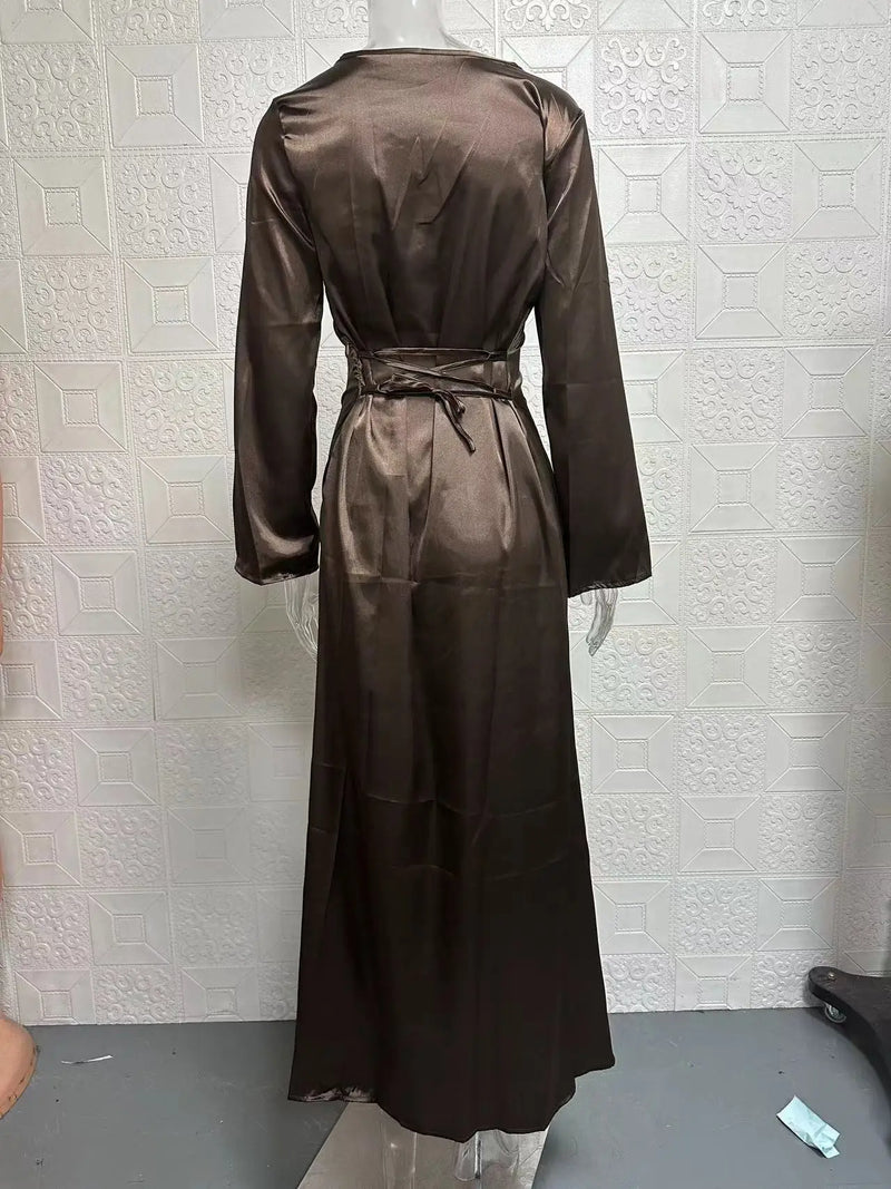 Fashionable new round neck long sleeved lace up solid color elegant waist cinching dress