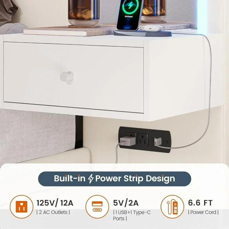 Queen Size 53” Tall Platform Bed Frame with 4 Storage Drawers Built in Charging Station & LED Bedroom White Headboards Under Bed