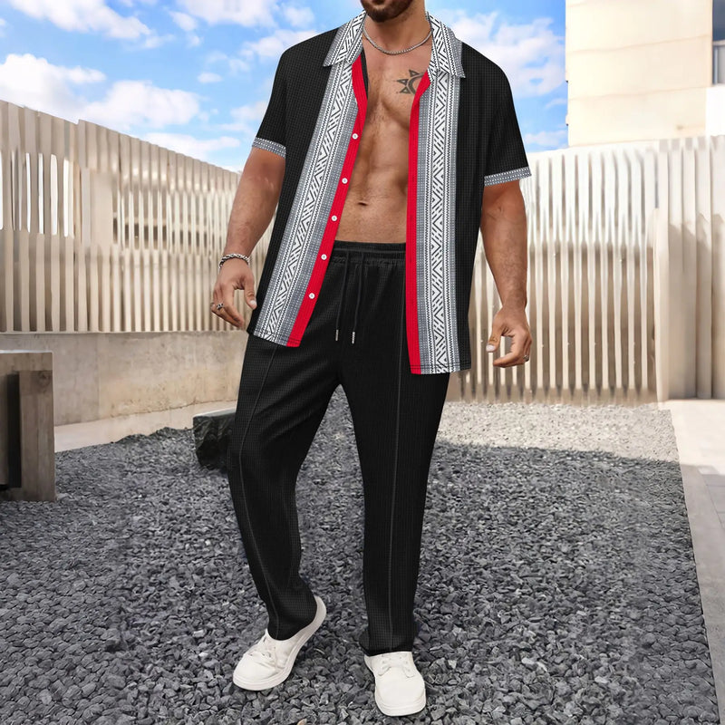 2025 Spring summer autumn winter new trend men's business casual fashion lapel cardigan short sleeve trousers waffle suit