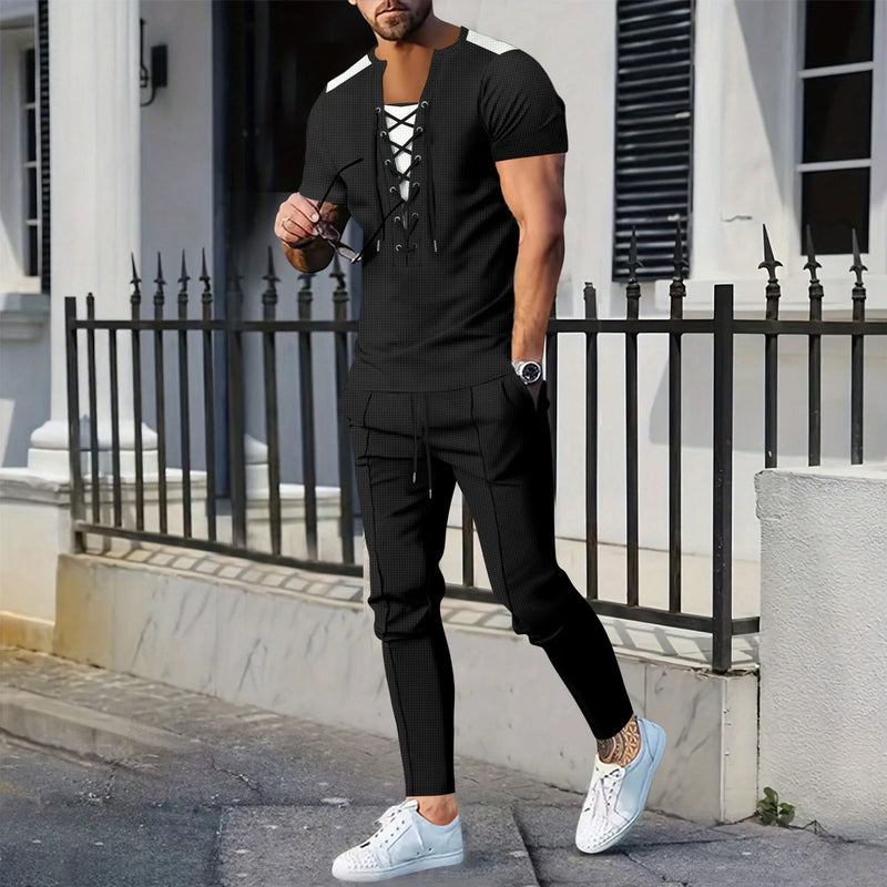 The new 2025 AliExpress Men's casual solid color Waffle rope short-sleeved summer casual pants suit
