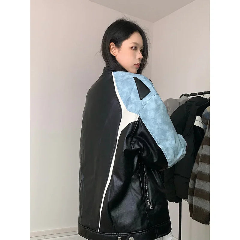 American Style Loose Women's Biker Jacket Color Block Windproof Spring Autumn Casual Top Trendy Outerwear Motorcycle Coat