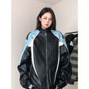American Style Loose Women's Biker Jacket Color Block Windproof Spring Autumn Casual Top Trendy Outerwear Motorcycle Coat