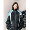 American Style Loose Women's Biker Jacket Color Block Windproof Spring Autumn Casual Top Trendy Outerwear Motorcycle Coat