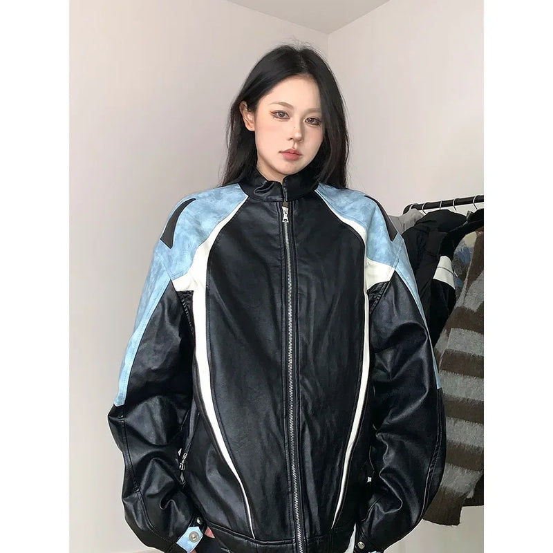 American Style Loose Women's Biker Jacket Color Block Windproof Spring Autumn Casual Top Trendy Outerwear Motorcycle Coat