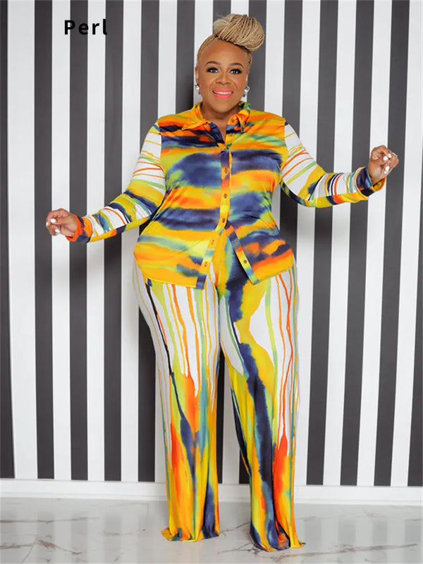 Perl Plus Size Two Piece Outfits Tie Dye Women Fall Clothing Fashion Top and Pants Leggings Matching Set Autumn Tracksuit Xl-5xl
