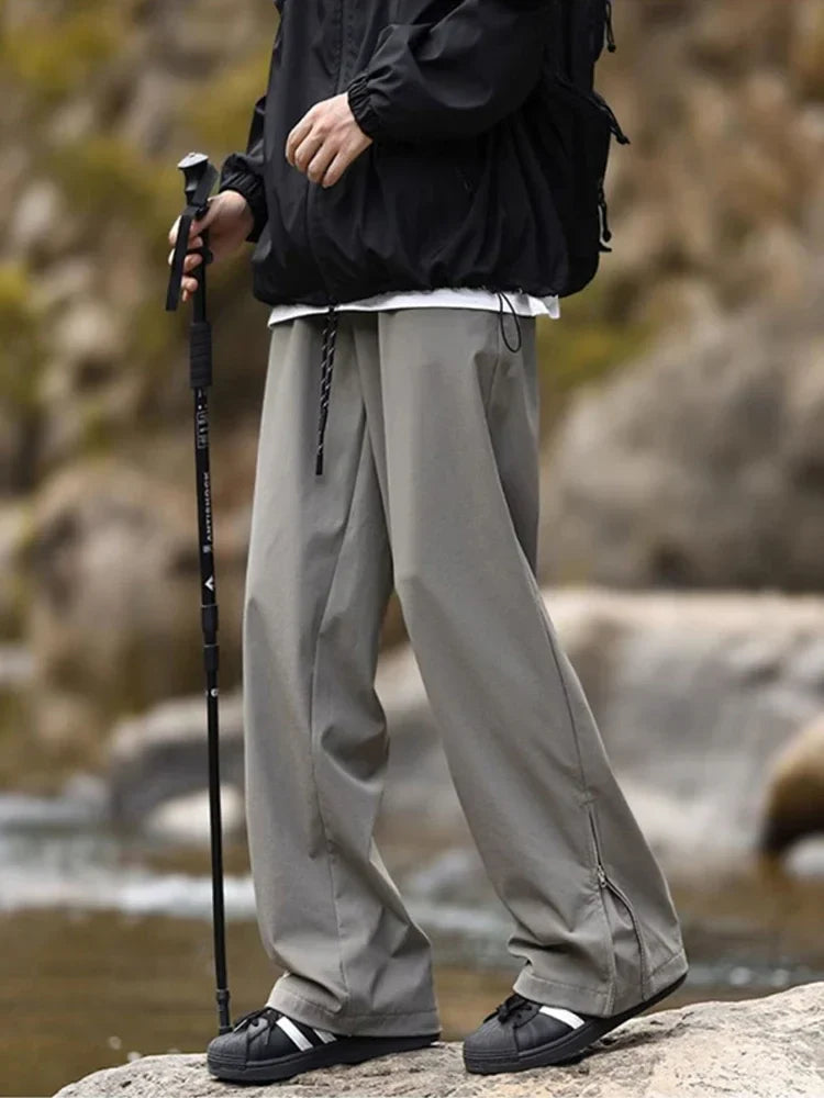 New Side Zipper Baggy Sweatpants For Men Autumn High Street Outdoor Straight Trousers Techwear Casual Drawstring Hiking Pants