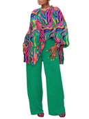 Wmstar Plus Size Two Piece Sets Women Clothing Printed Long SleeveTops Solid Pants Wid Leg Matching Suits Wholesale Dropshopping