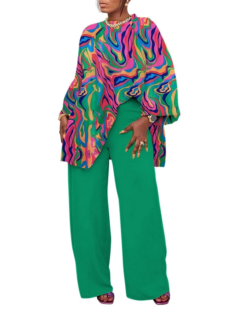 Wmstar Plus Size Two Piece Sets Women Clothing Printed Long SleeveTops Solid Pants Wid Leg Matching Suits Wholesale Dropshopping