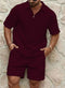 2025 Men's Summer Waffle Casual Suit Sets Solid Plaid Loose Sport Sets Half Zip Short-sleeved Polo Shirt Shorts Men Tracksuit