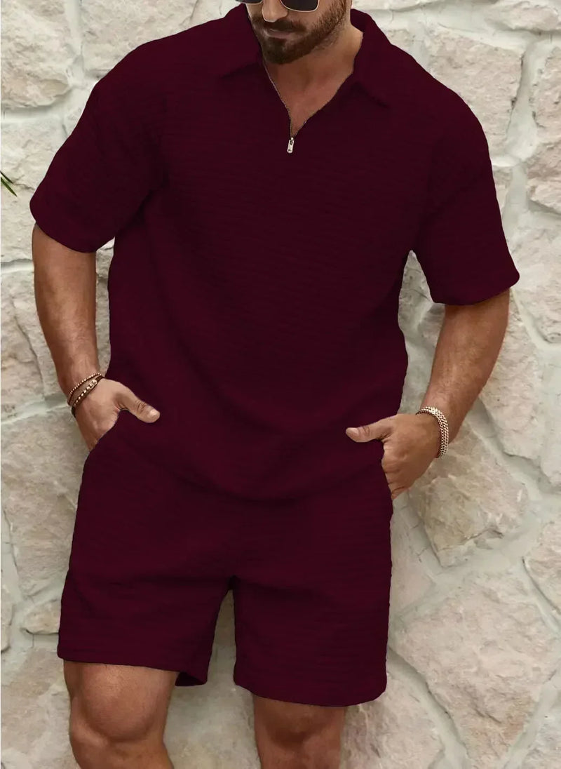 2025 Men's Summer Waffle Casual Suit Sets Solid Plaid Loose Sport Sets Half Zip Short-sleeved Polo Shirt Shorts Men Tracksuit