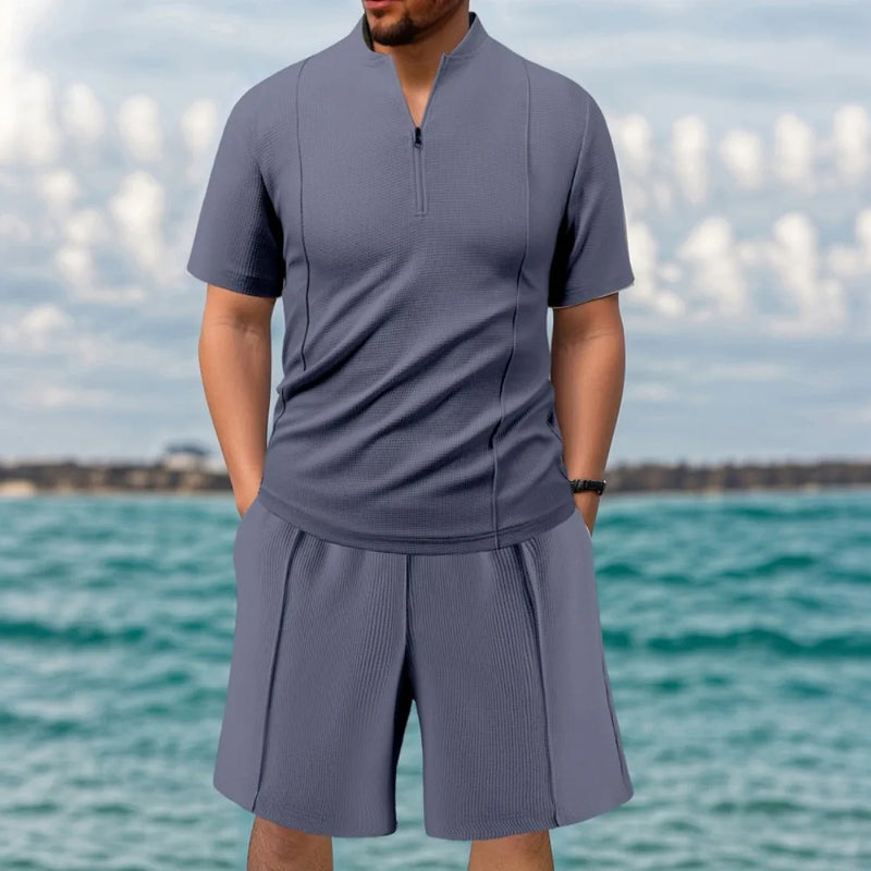 Men's New Waffle Summer Suit 2025 Casual T-shirt + Shorts Suit Men's Tracksuit Solid Color Tracksuit Loose Suit Clothes for Men