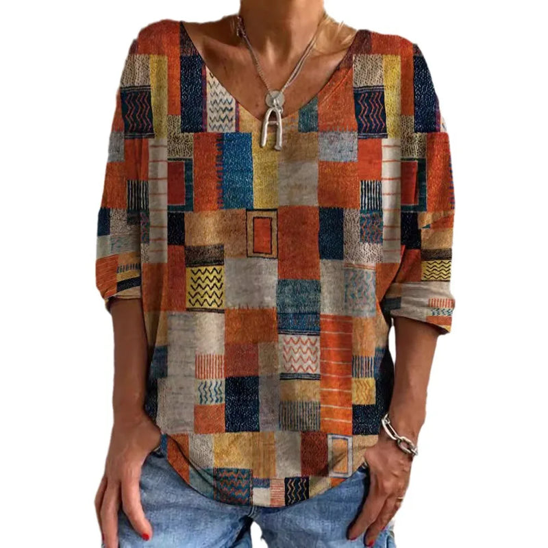 Autumn New Fashion Long-Sleeved Women's T-Shirt Top V-Neck Casual Loose Streaks Printed Streetwear Women Pullover T Shirts