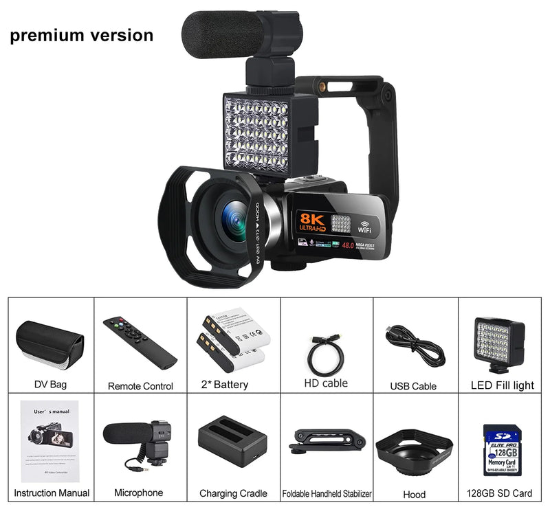 Full HD 8k Professional Video Camera 48MP WiFi Camcorder Digital 16X Zoom Streaming Auto Focus Cam