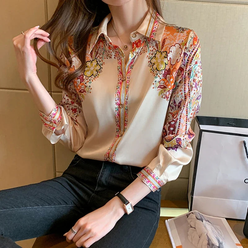 2024 Autumn Fashion Floral Print Blouse Women Satin Shirts Office Lady Elegant Tops Long Sleeve Silk Clothes 18440