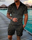 2025 Trend Men Streetwear Fashion Half Zip Polo Shirts+shorts 2 PCS Sets Men's 3D Digital Print Casual Suit New Male Tracksuits