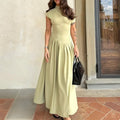 Irregular Elegant Pleated Midi Dress For Women Fashion Street Short Sleeve Patchwork Long Dress Casual Office Lady Neck Vestidos