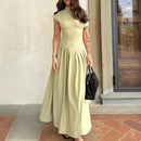 Irregular Elegant Pleated Midi Dress For Women Fashion Street Short Sleeve Patchwork Long Dress Casual Office Lady Neck Vestidos