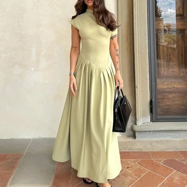 Irregular Elegant Pleated Midi Dress For Women Fashion Street Short Sleeve Patchwork Long Dress Casual Office Lady Neck Vestidos