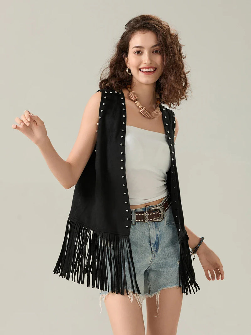 Women s Tassel Sleeveless Vest Rivet Open Front Sleeveless Long Jacket Hippie Streetwear