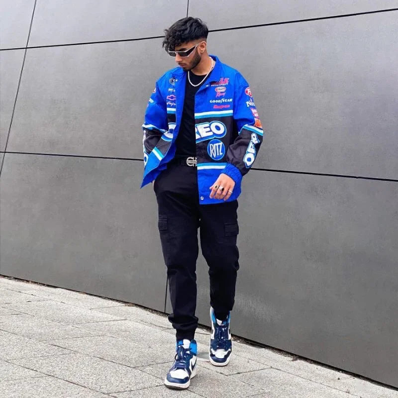 Autumn Varsity Jacket Long Sleeve Motorcycle Jacket Racing Baseball Jacket Women Y2k Printed Casual Loose Coat Single-breasted