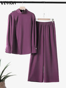 Plus Size VONDA Women Autumn High Neck Suits Solid Color Long Sleeve Matching Sets Elegant Split And Wide Leg Long Trousers 2PCs