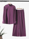 Plus Size VONDA Women Autumn High Neck Suits Solid Color Long Sleeve Matching Sets Elegant Split And Wide Leg Long Trousers 2PCs