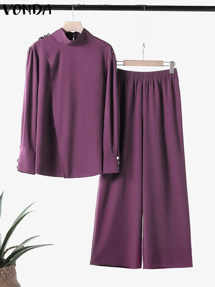 Plus Size VONDA Women Autumn High Neck Suits Solid Color Long Sleeve Matching Sets Elegant Split And Wide Leg Long Trousers 2PCs