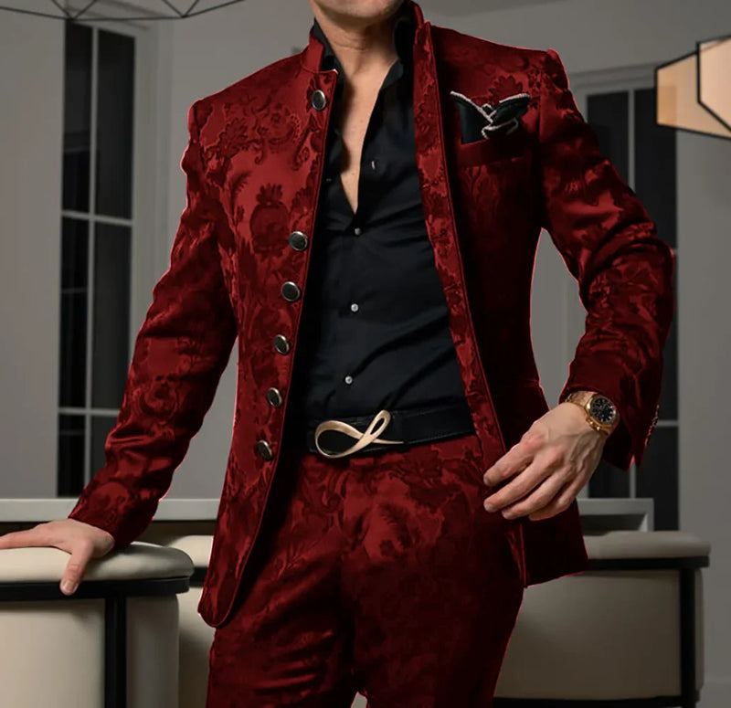Patterned Black Men's Suit 2-piece Jacket Pants Wedding Groom Tuxedo Stand Collar Blazer Classic Jacquard Outfit