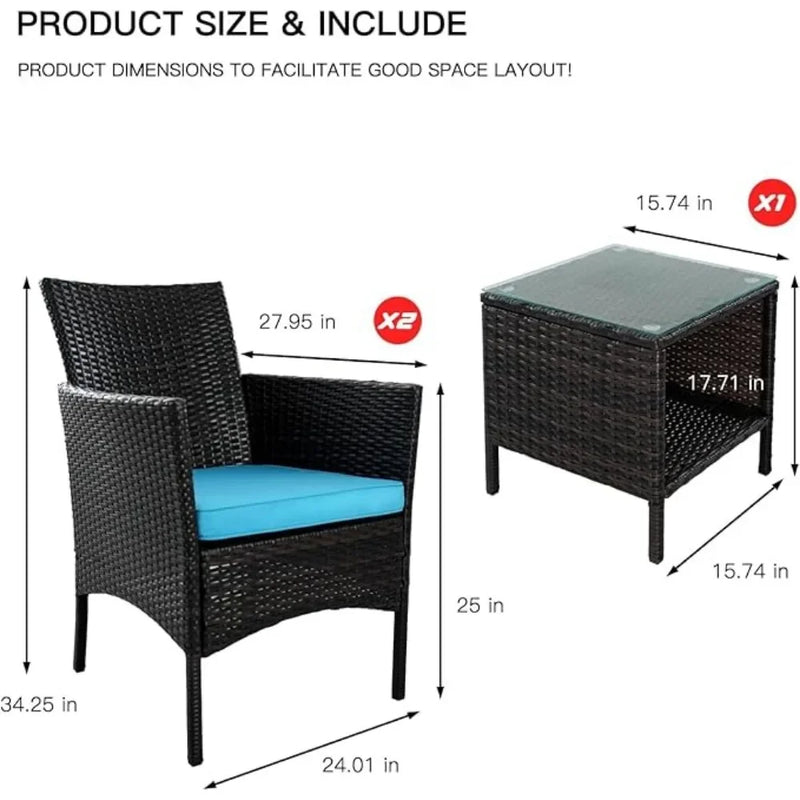 3-piece Outdoor Small Bar Set, Terrace Furniture Chairs, Black Wicker Porch Furniture with Glass Coffee Table