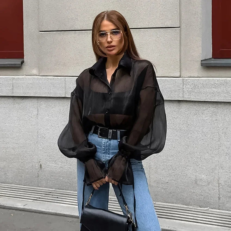 2024 New Design Sensibility Black Mesh Shirt Women's Fashionable Layered Loose-fit Lantern Sleeve Medium-length Shirt