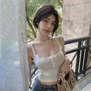 Summer Lace Strap Patchwork Camisole Women Solid Color Sleeveless Buttons Tank Top