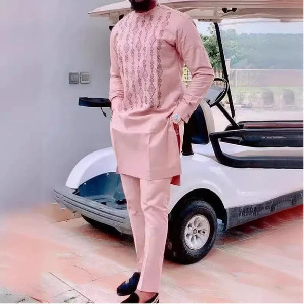 Men's fashion casual pink geometric print long sleeve two-piece set