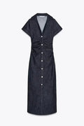Retro Deep Blue Fold Women Denim Maxi Dress Fashion Short Sleeve V Neck Button Slim Fit Long Dresses Lady New Commute Chic Robes